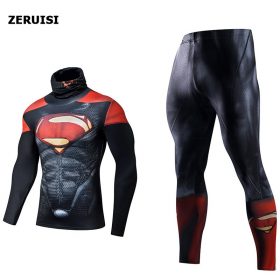 NEW Sports Suit 3D Printed High Collar Lapel Thermal Clothes Compression Set Mens Tracksuits Fitness Rashguard Superhero Suits 3