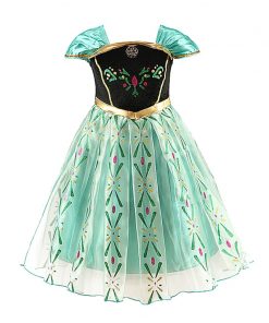 Anna Princess Dress for Baby Girls Green Dress Cosplay Kids Clothes Floral Anna Party Embroidery Shoulderless Queen Elsa Costume 7
