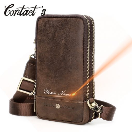 Contact's Free Engraving Men Shoulder Bag Genuine Leather Crossbody Bags Large Capacity with Phone Pocket Casual Male Waist Pack 1