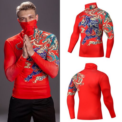 High Collar With Mask t shirt Streetwear Gym Men Casual 3D T shirt Fitness Compression shirts Lapel Underwear Thermal Male Tops 5