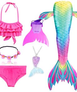 Kids Swimmable Mermaid Tail for Girls Swimming Bating Suit Mermaid Costume Swimsuit can add Monofin Fin Goggle with Garland 23