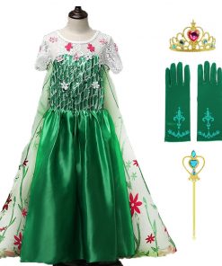 Anna Princess Dress for Baby Girls Green Dress Cosplay Kids Clothes Floral Anna Party Embroidery Shoulderless Queen Elsa Costume 10
