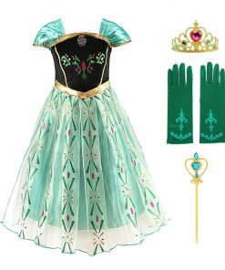 Anna Princess Dress for Baby Girls Green Dress Cosplay Kids Clothes Floral Anna Party Embroidery Shoulderless Queen Elsa Costume 12