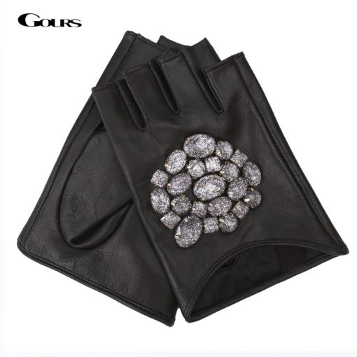 Gours Fall and Winter Women's Genuine Leather Gloves Black Goatskin Stone Half-finger Gloves New Fashion Warm Mitten GSL011 1