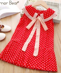Humor Bear Sleeveless Girl Dresses New Summer Chiffon Dots Princess Dress Lapel Bow Tie Elegant Kids Dress Children Clothing 1