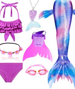 Kids Swimmable Mermaid Tail for Girls Swimming Bating Suit Mermaid Costume Swimsuit can add Monofin Fin Goggle with Garland 16