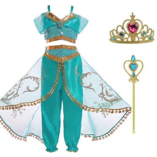 Girls Dress Up 3 Pcs Set Arabian Princess Costume Cosplay Sequined Flower Children Party Halloween Fancy Vestidos 3