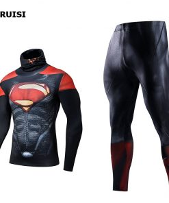 NEW Sports Suit 3D Printed High Collar Lapel Thermal Clothes Compression Set Mens Tracksuits Fitness Rashguard Superhero Suits 7