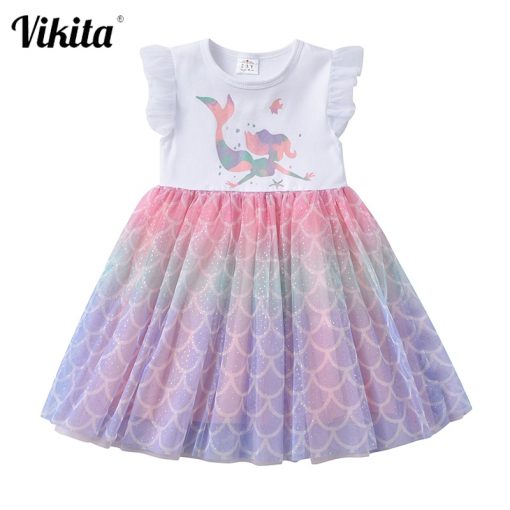 VIKITA Girls Summer Dress Kids Party Prom Princess Dresses Children Unicorn Butterfly Cartoon Clothing Girls Casual Vestidos 1