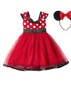 MUABABY Girl Mickey Minnie Dress UP Clothing Children Summer Princess Birthday Party Outfit with Headband Girl Bow Dots Dresses 8