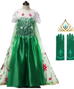 Anna Princess Dress for Baby Girls Green Dress Cosplay Kids Clothes Floral Anna Party Embroidery Shoulderless Queen Elsa Costume 9