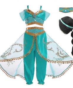 Girls Dress Up 3 Pcs Set Arabian Princess Costume Cosplay Sequined Flower Children Party Halloween Fancy Vestidos 11