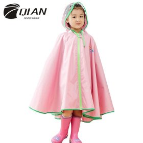 QIAN RAINPROOF Kids Rain Coat Flowering In Rain Children Rainwear PU Coating Rainsuit Transparent Big Brim Cloak Raincoat 2