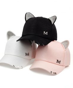 2018 new meow Women's Summer fall black white Pink hat Cat ears Cat Baseball cap with rings and lace cute girl hat 1