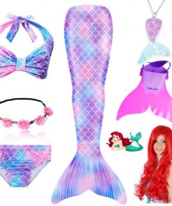Children Swimmable Mermaid Tail for Kids Swimming Swimsuit Bathing Suit Tail Mermaid Wig for Girls Costume Can Add Fin Monofin 30