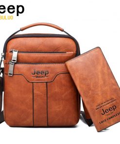 JEEP BULUO Men Leather Bag 2 piece set Handbags Business Casual Messenger Shoulder Bag Crossbody Male Tote Bags High Quality 1