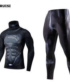 NEW Sports Suit 3D Printed High Collar Lapel Thermal Clothes Compression Set Mens Tracksuits Fitness Rashguard Superhero Suits 1