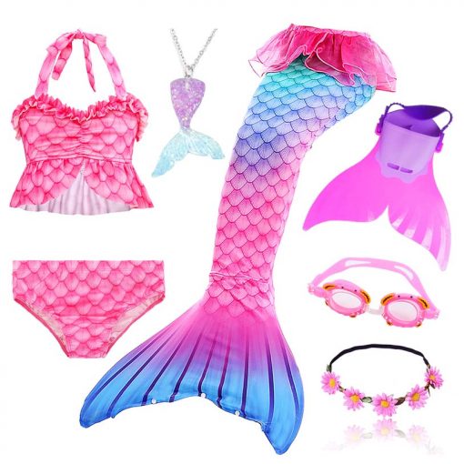 Kids Swimmable Mermaid Tail for Girls Swimming Bating Suit Mermaid Costume Swimsuit can add Monofin Fin Goggle with Garland 3