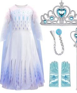 Elsa Princess Snow Queen White Girls Dress Child Christmas Cosplay Halloween Costume Elsa Wig Gowns Dress Up Kids Clothing 9
