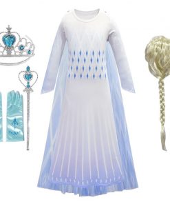 Elsa Princess Snow Queen White Girls Dress Child Christmas Cosplay Halloween Costume Elsa Wig Gowns Dress Up Kids Clothing 14