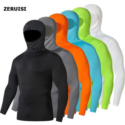 Solid color hooded motorcycle Jersey tight compression Quick drying men's shirt sports Cycling Male Tshirt Pullover Hoodies Tops 1