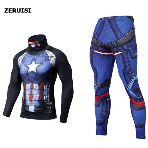 NEW Sports Suit 3D Printed High Collar Lapel Thermal Clothes Compression Set Mens Tracksuits Fitness Rashguard Superhero Suits 5