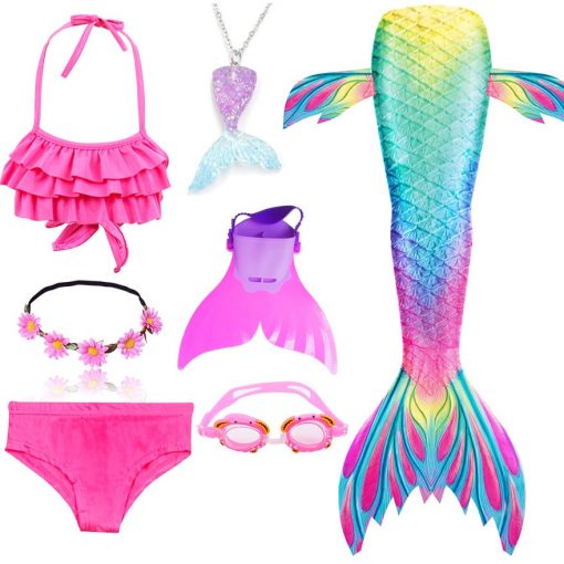 Kids Swimmable Mermaid Tail for Girls Swimming Bating Suit Mermaid Costume Swimsuit can add Monofin Fin Goggle with Garland 6
