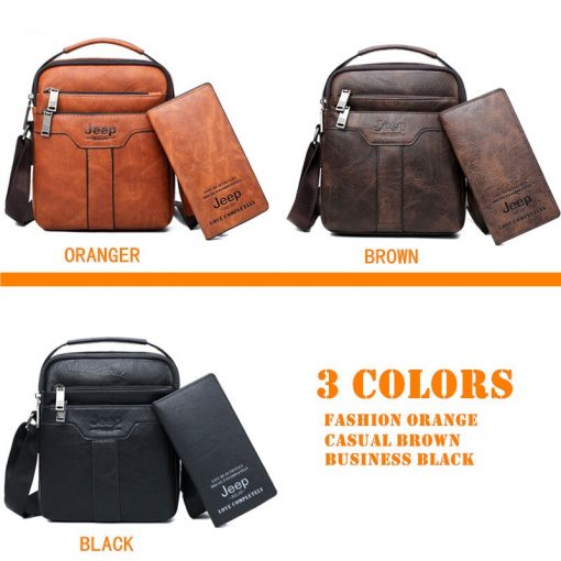 JEEP BULUO Men Leather Bag 2 piece set Handbags Business Casual Messenger Shoulder Bag Crossbody Male Tote Bags High Quality 3
